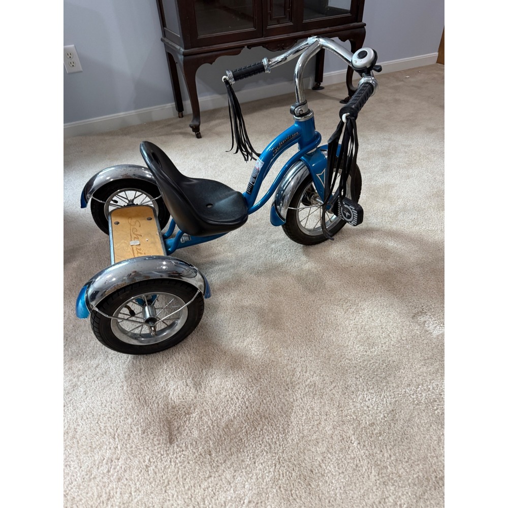 Schwinn Roadster Tricycle Blue Retro Kids Trike Wood Deck S6804 Chrome Fenders